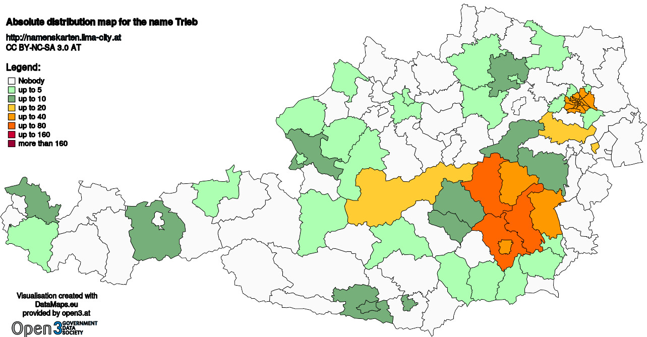 Absolute Distribution maps for surname Trieb