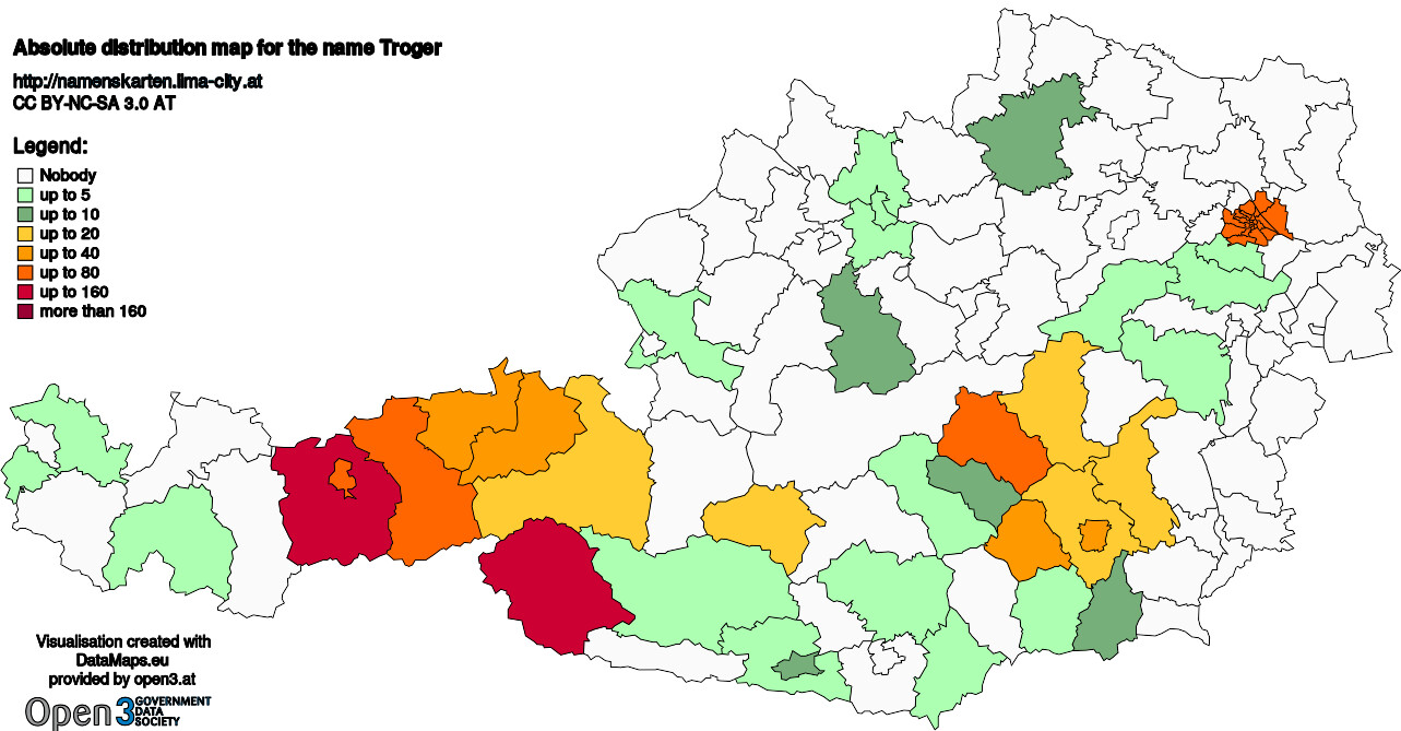 Absolute Distribution maps for surname Troger