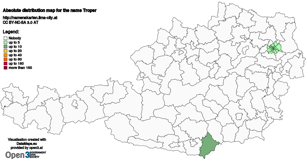 Absolute Distribution maps for surname Troper