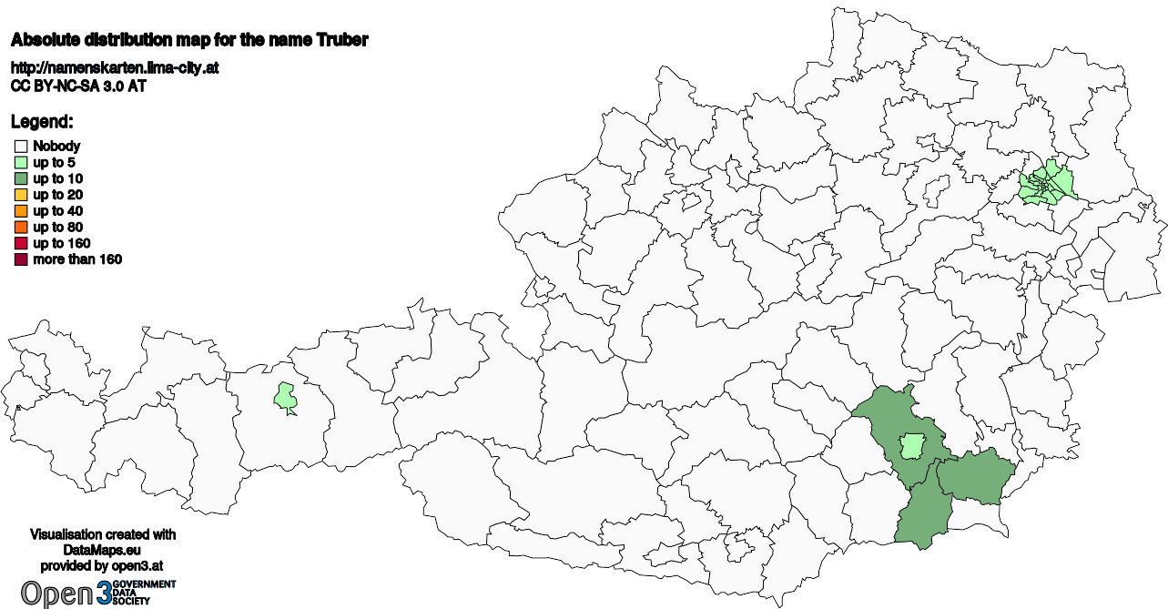 Absolute Distribution maps for surname Truber