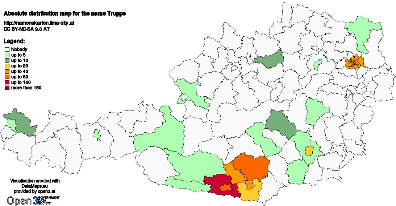 Absolute Distribution maps for surname Truppe