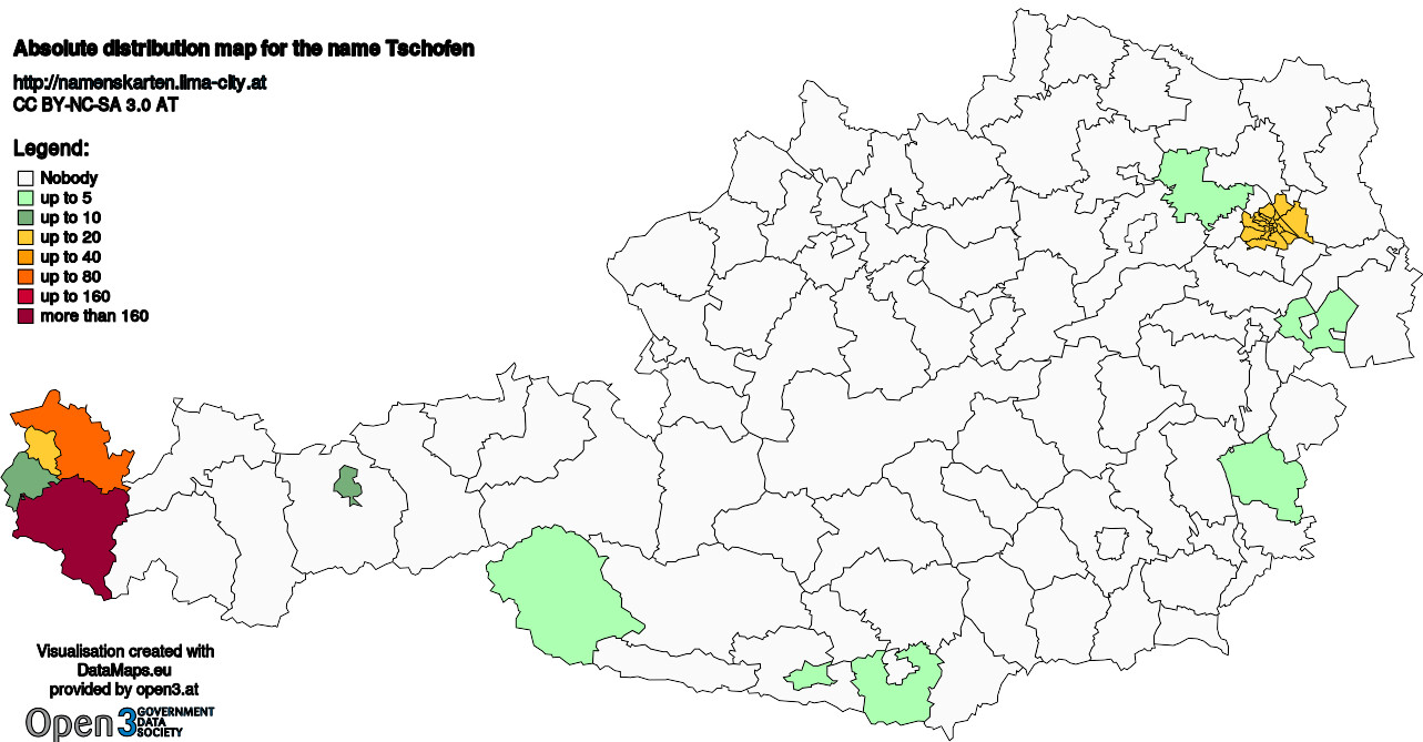 Absolute Distribution maps for surname Tschofen