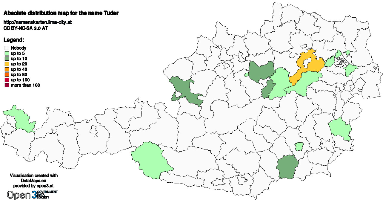 Absolute Distribution maps for surname Tuder