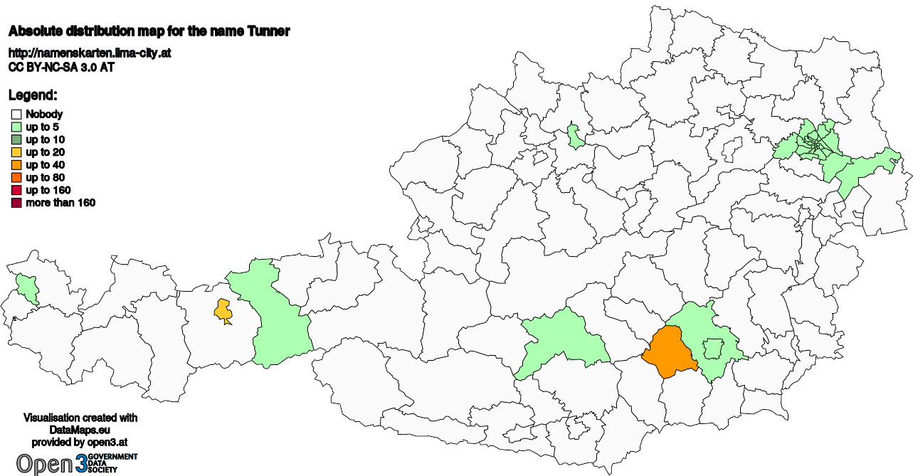 Absolute Distribution maps for surname Tunner