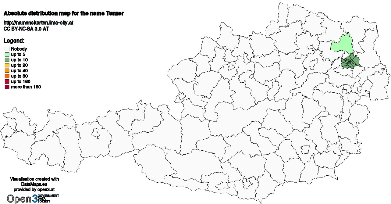 Absolute Distribution maps for surname Tunzer