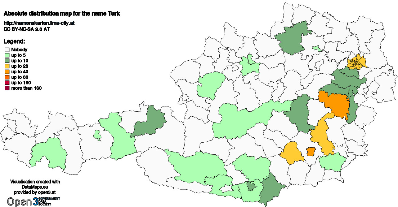 Absolute Distribution maps for surname Turk