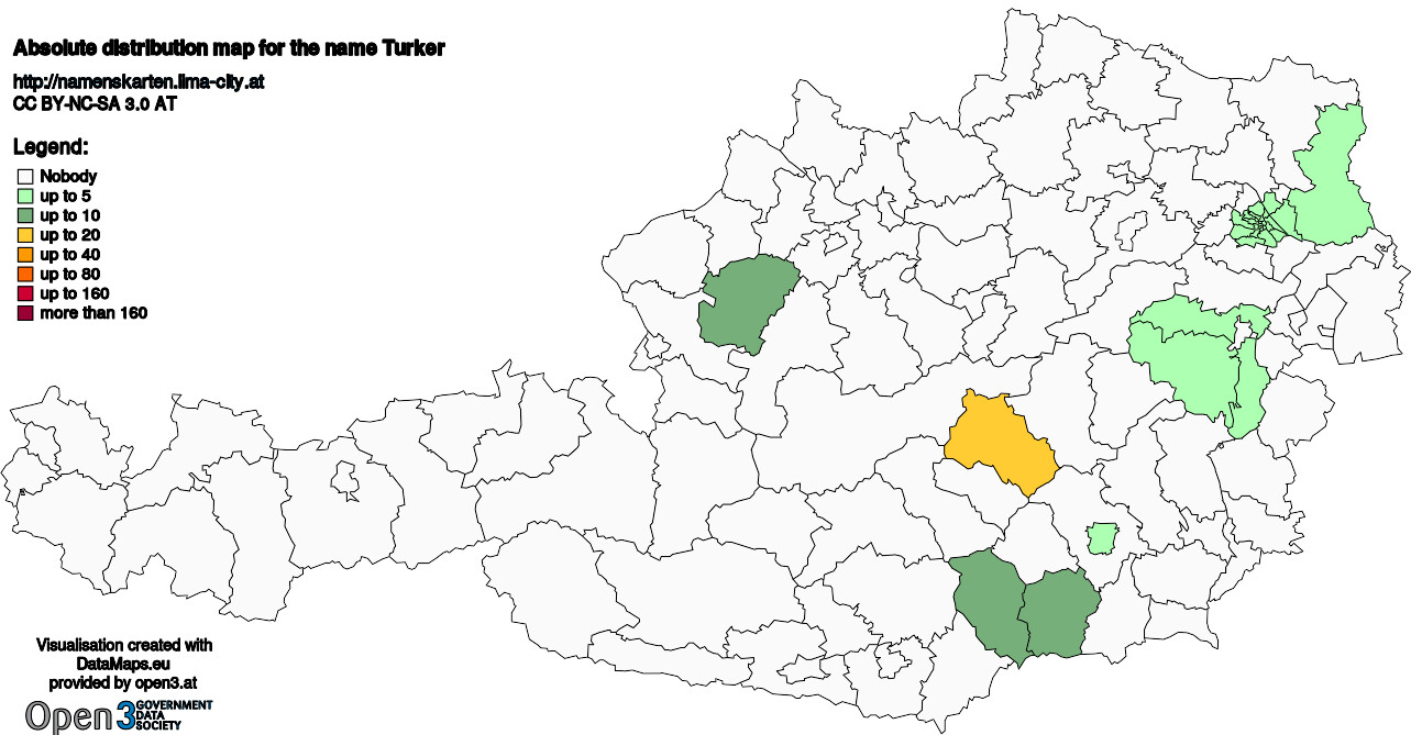 Absolute Distribution maps for surname Turker