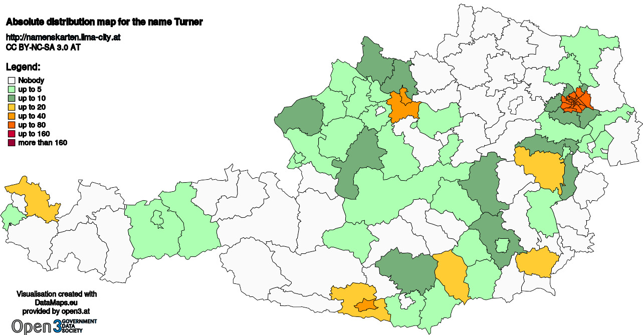 Absolute Distribution maps for surname Turner