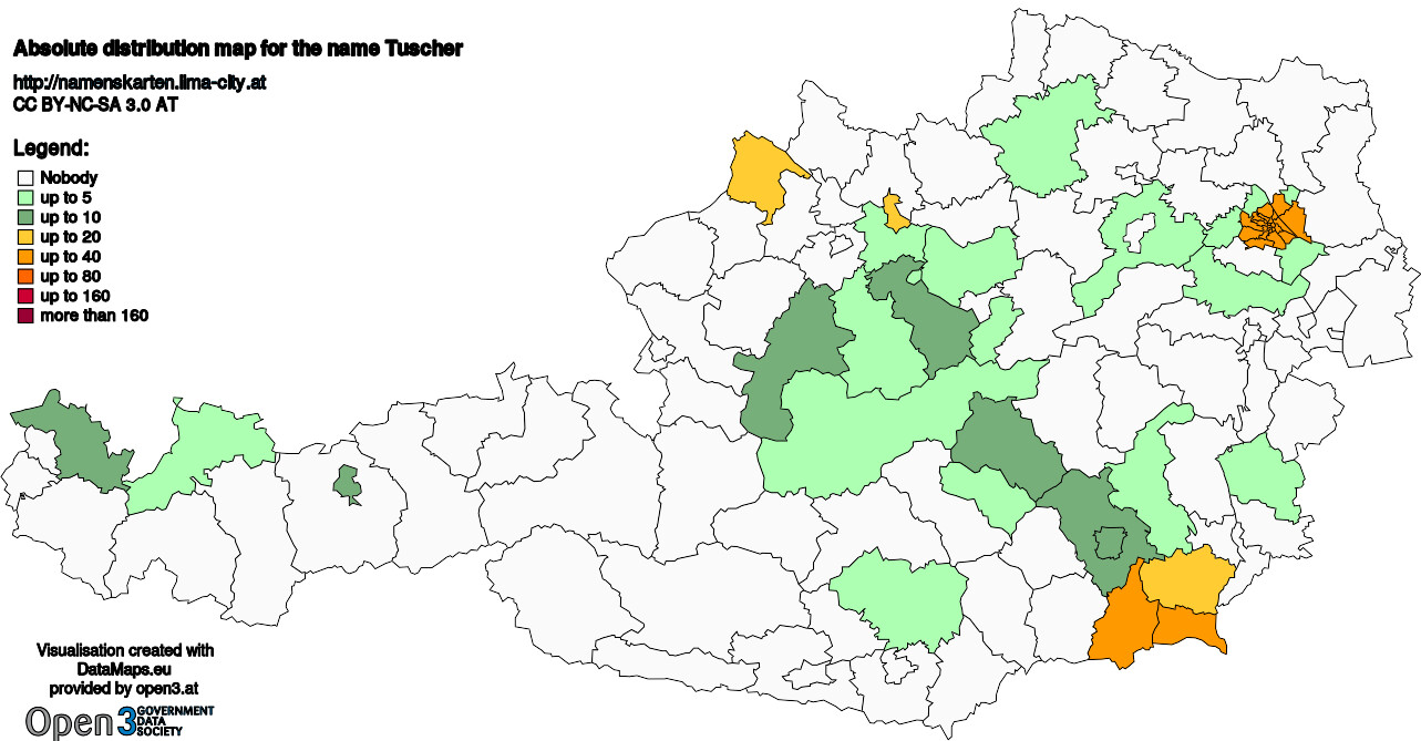 Absolute Distribution maps for surname Tuscher