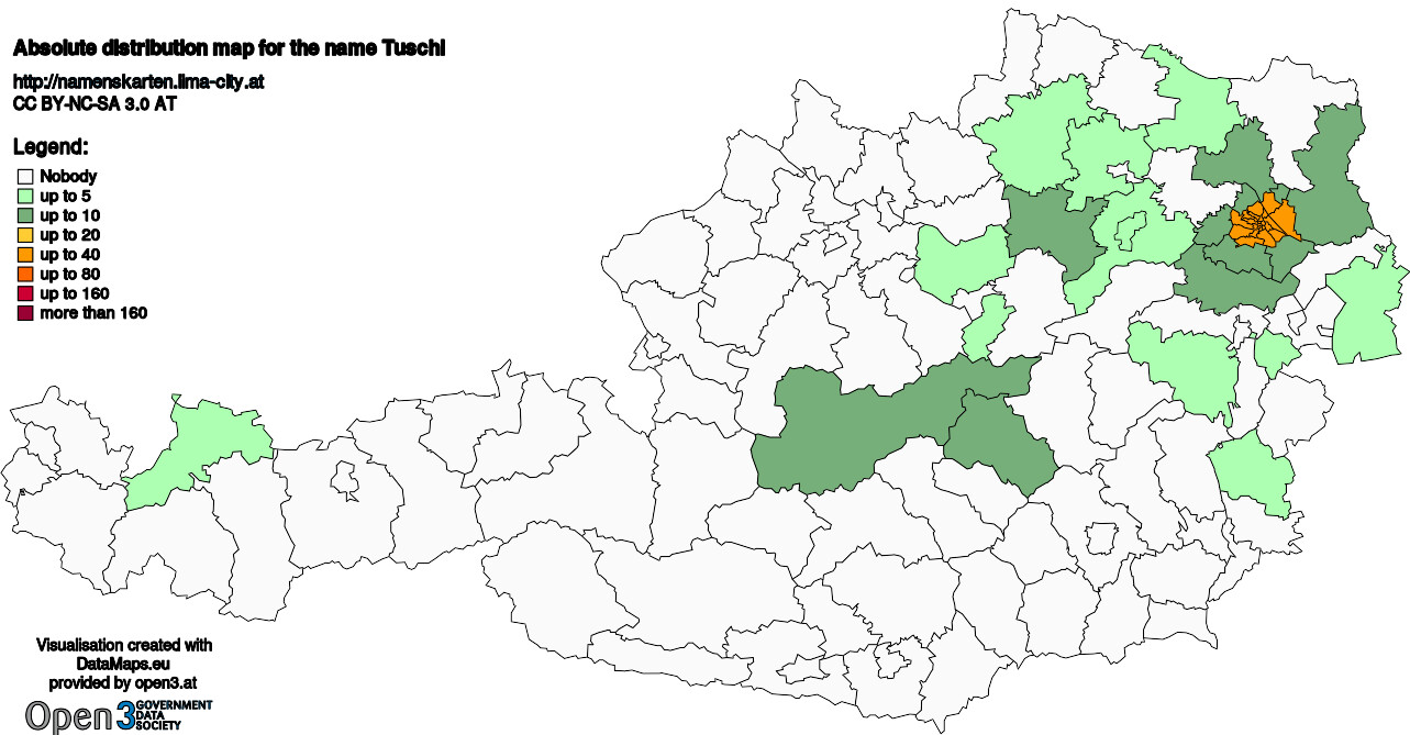 Absolute Distribution maps for surname Tuschl