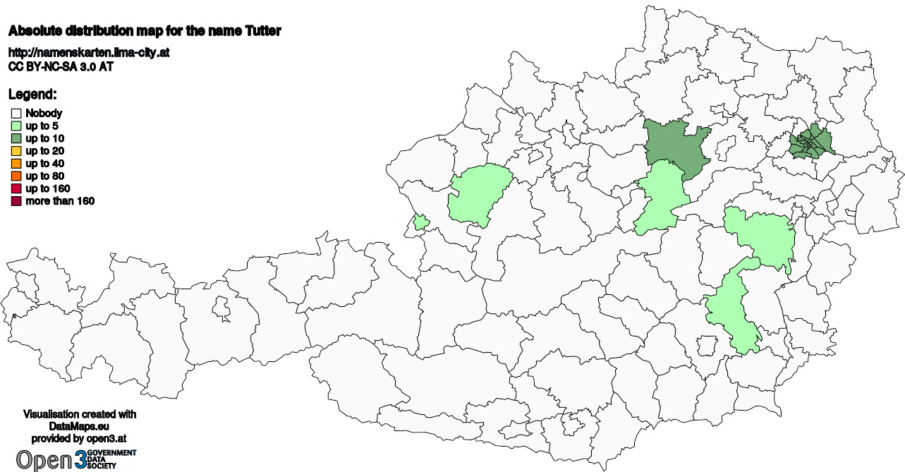 Absolute Distribution maps for surname Tutter