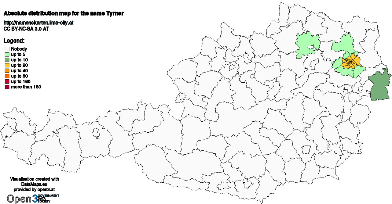 Absolute Distribution maps for surname Tyrner