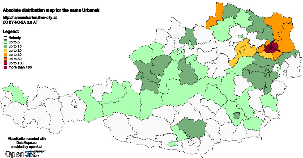 Absolute Distribution maps for surname Urbanek