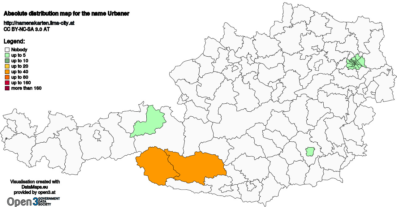 Absolute Distribution maps for surname Urbaner