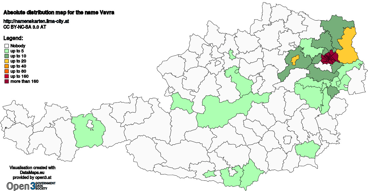 Absolute Distribution maps for surname Vavra