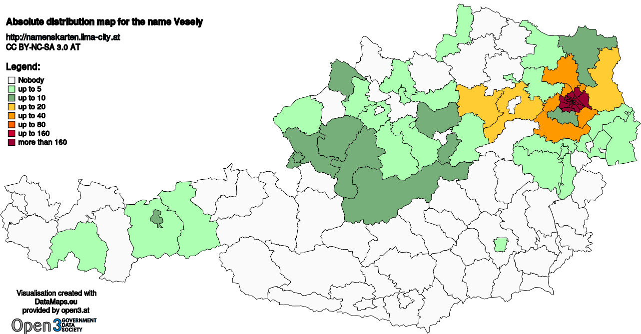 Absolute Distribution maps for surname Vesely