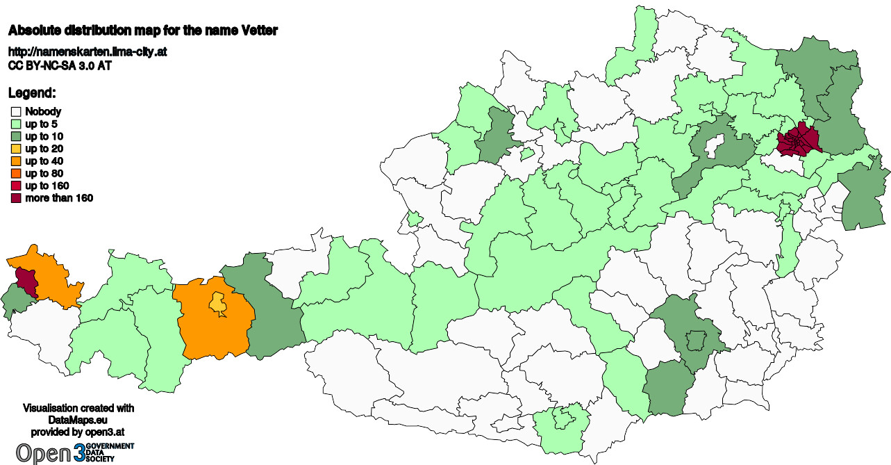 Absolute Distribution maps for surname Vetter