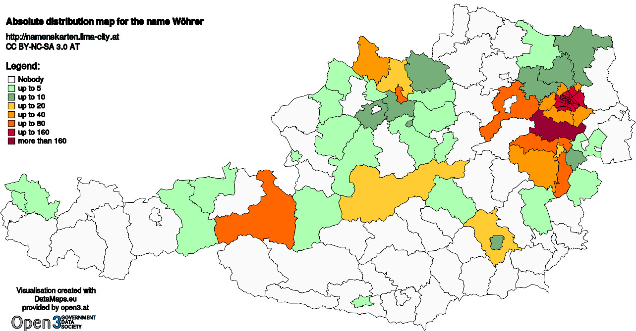 Absolute Distribution maps for surname Wöhrer