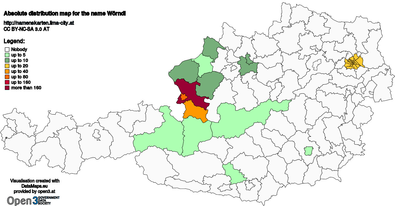 Absolute Distribution maps for surname Wörndl