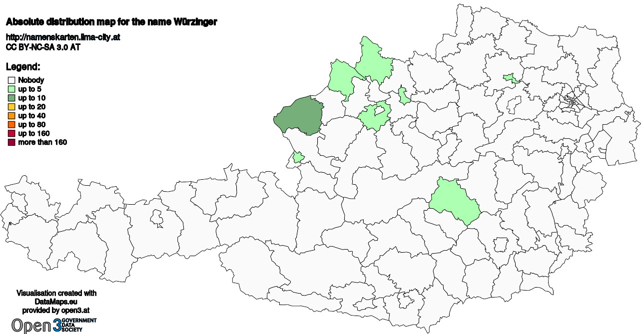 Absolute Distribution maps for surname Würzinger