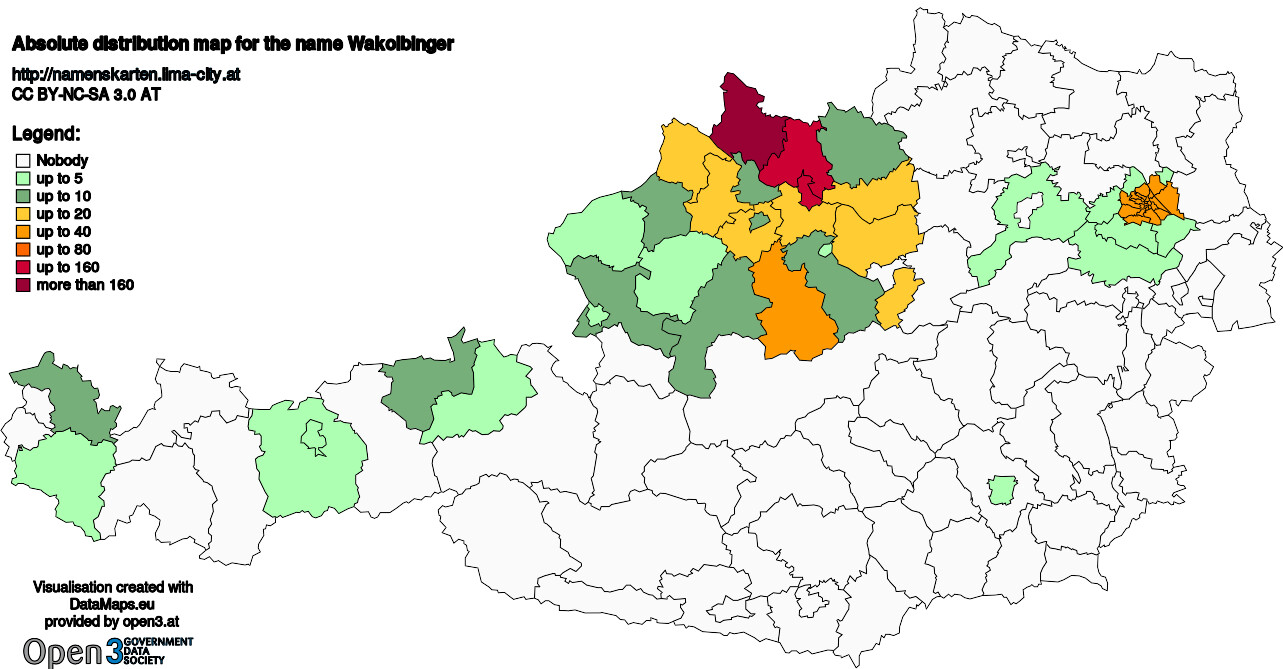 Absolute Distribution maps for surname Wakolbinger