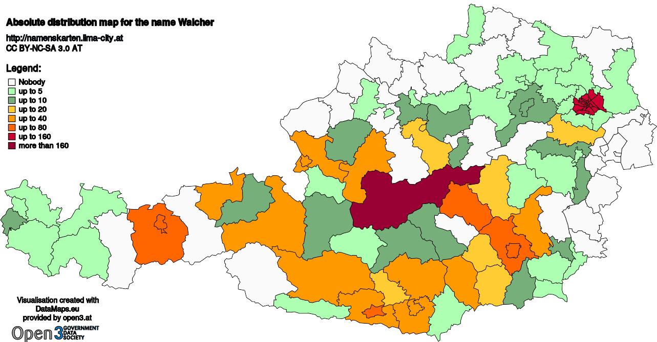 Absolute Distribution maps for surname Walcher