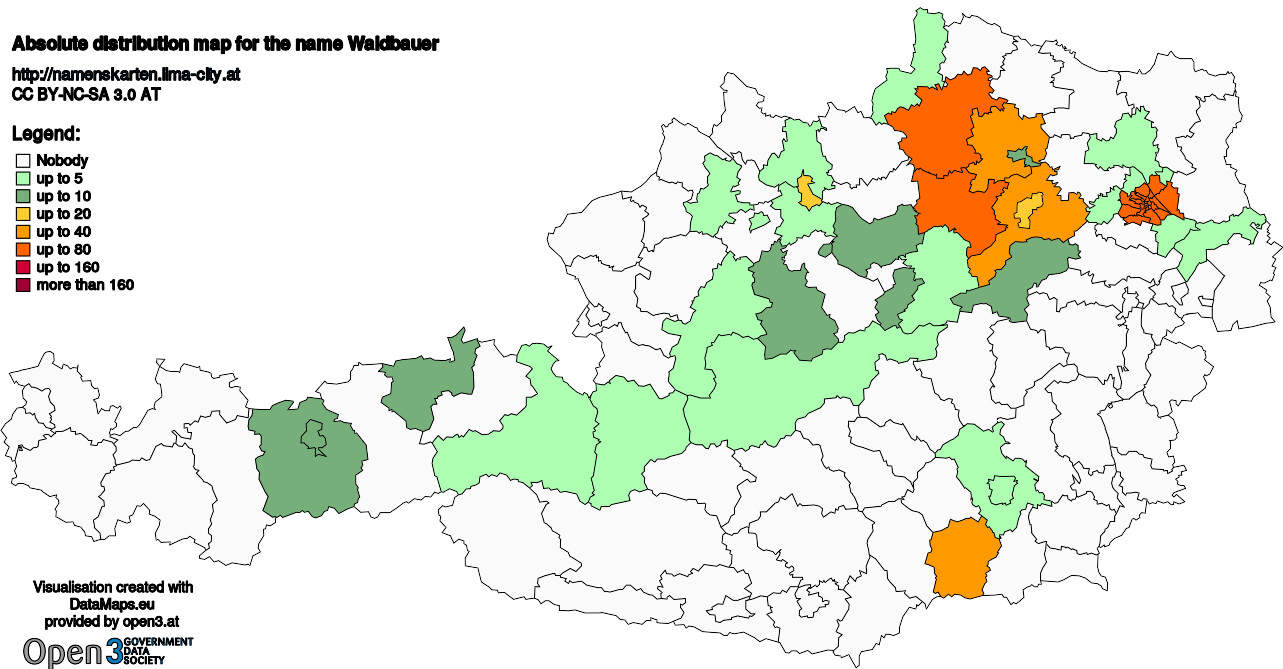 Absolute Distribution maps for surname Waldbauer