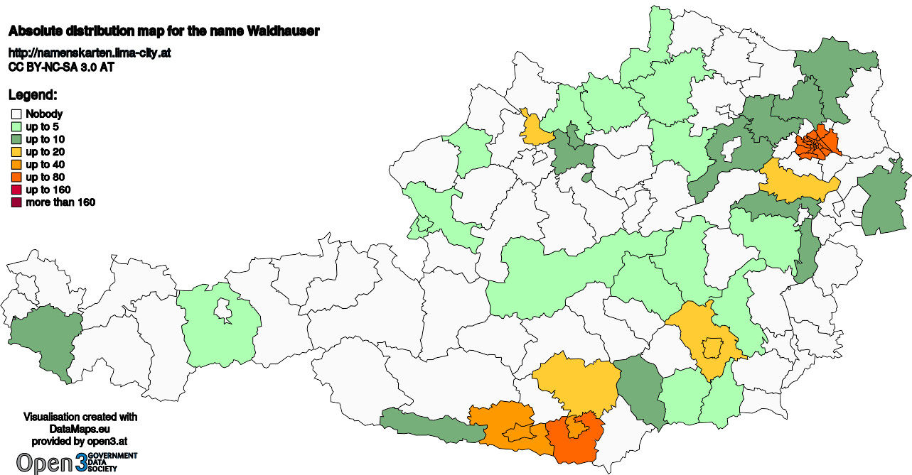 Absolute Distribution maps for surname Waldhauser