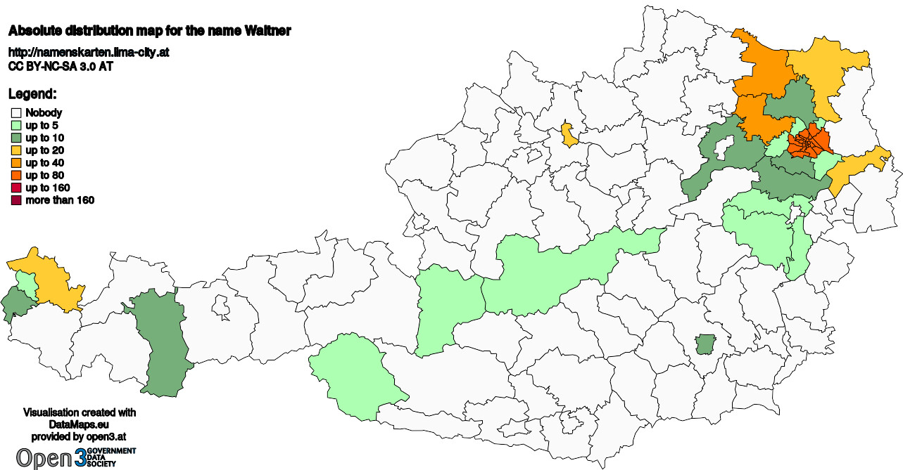 Absolute Distribution maps for surname Waltner