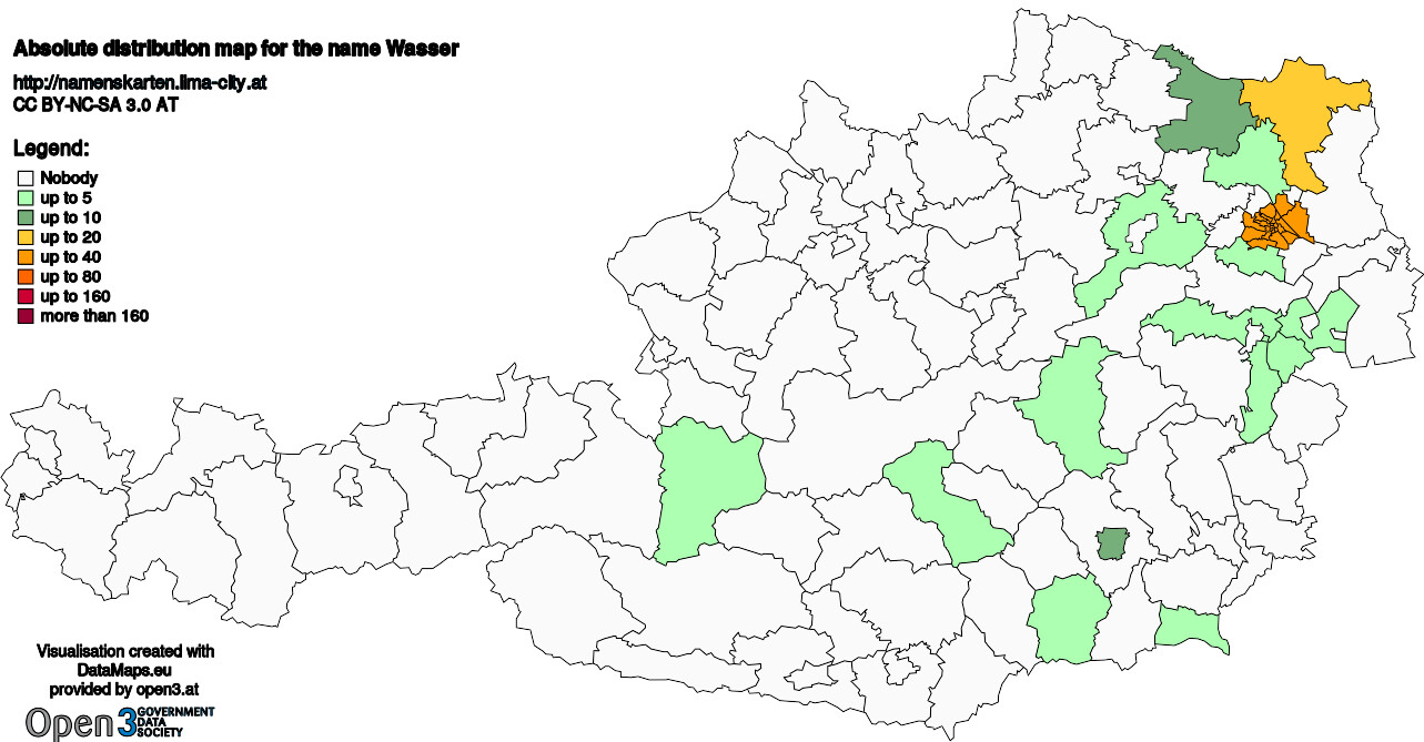 Absolute Distribution maps for surname Wasser