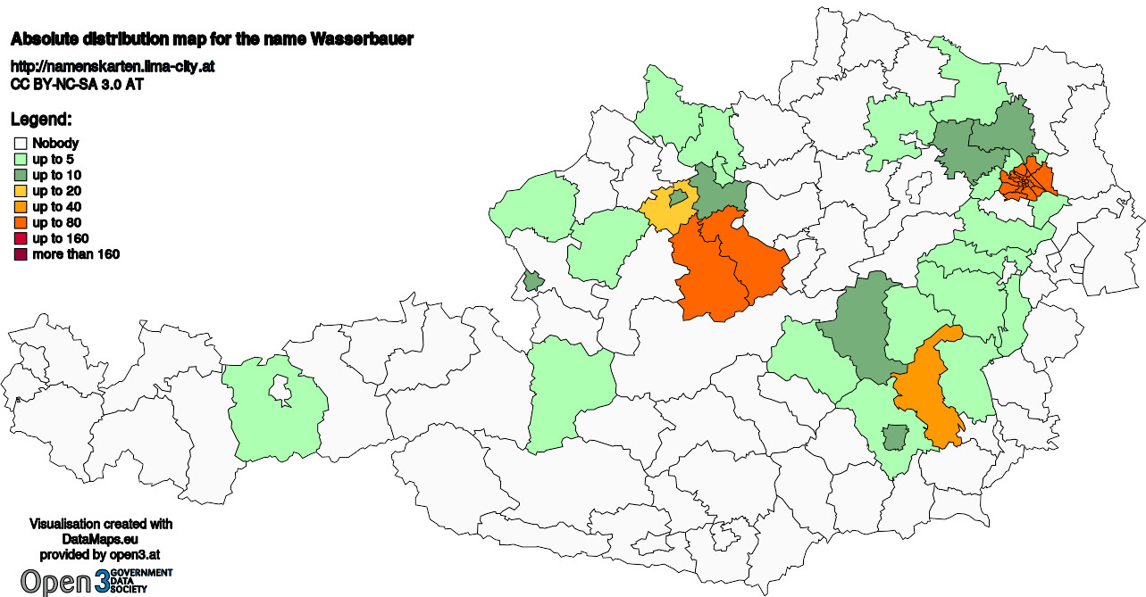 Absolute Distribution maps for surname Wasserbauer