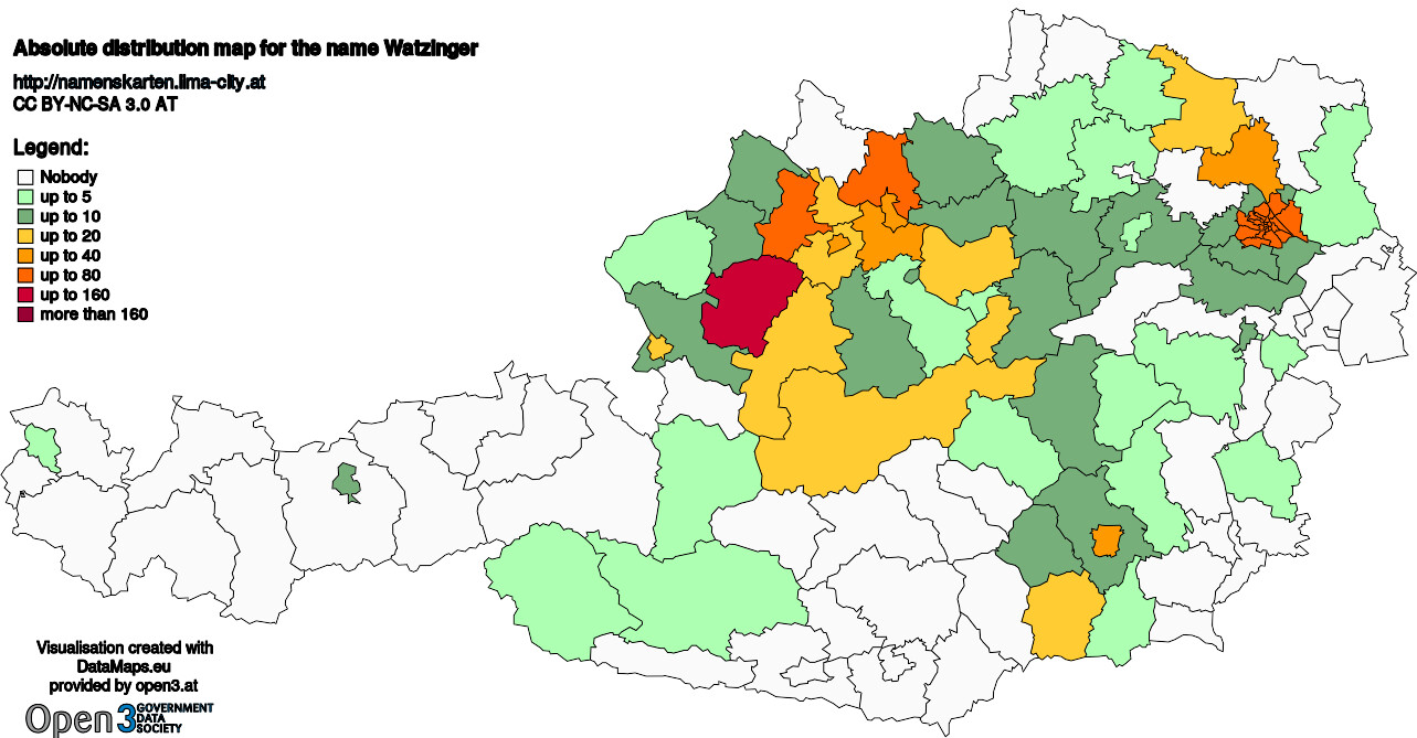 Absolute Distribution maps for surname Watzinger