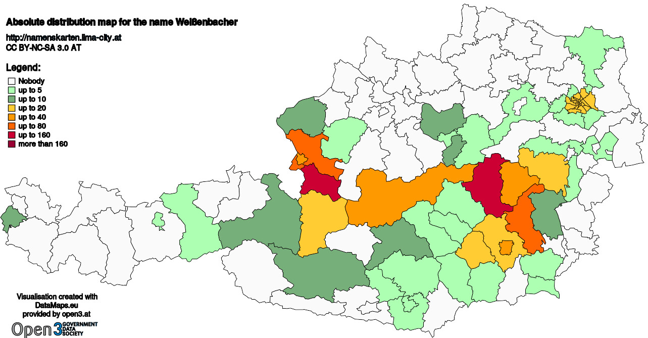 Absolute Distribution maps for surname Weißenbacher