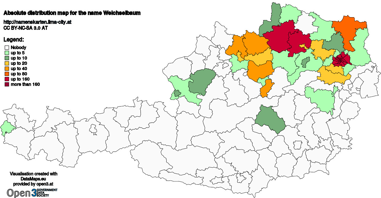 Absolute Distribution maps for surname Weichselbaum