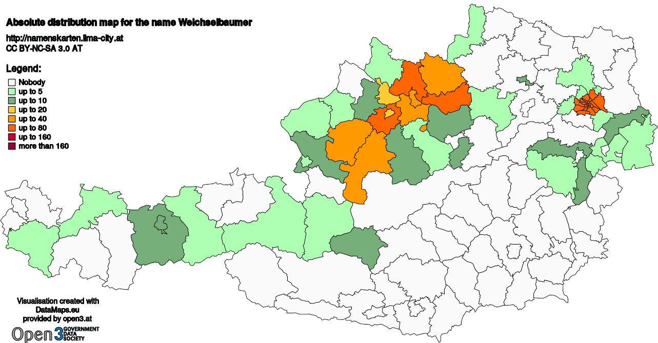 Absolute Distribution maps for surname Weichselbaumer