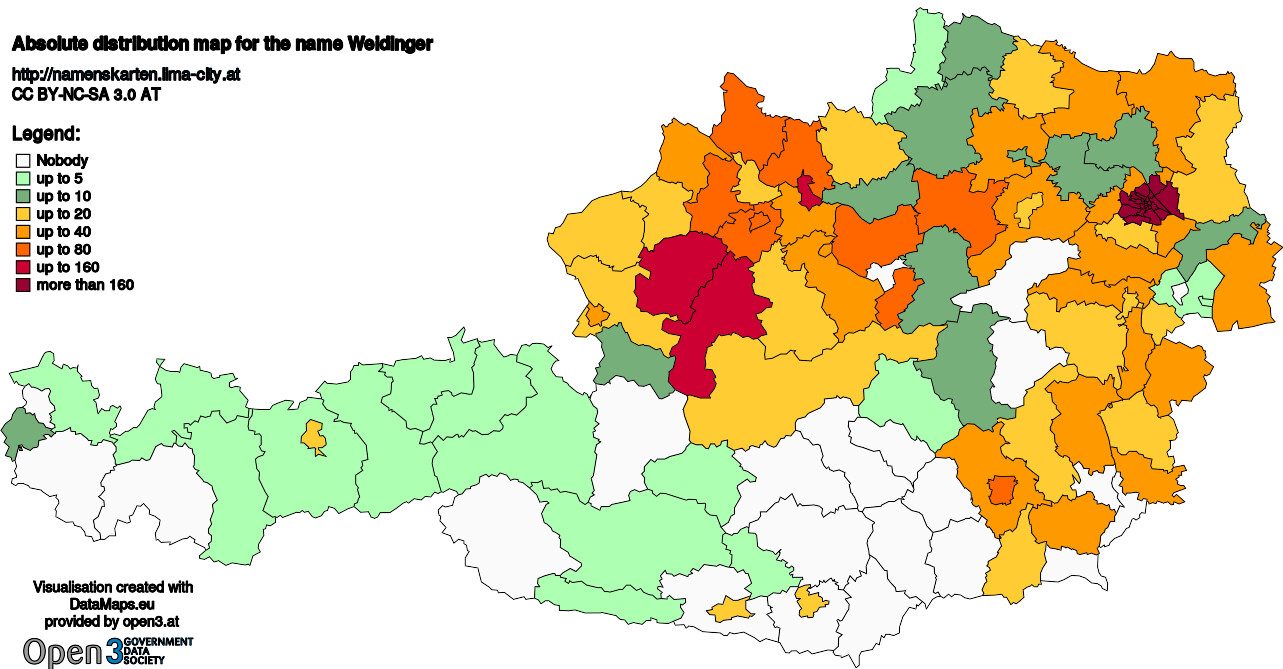 Absolute Distribution maps for surname Weidinger