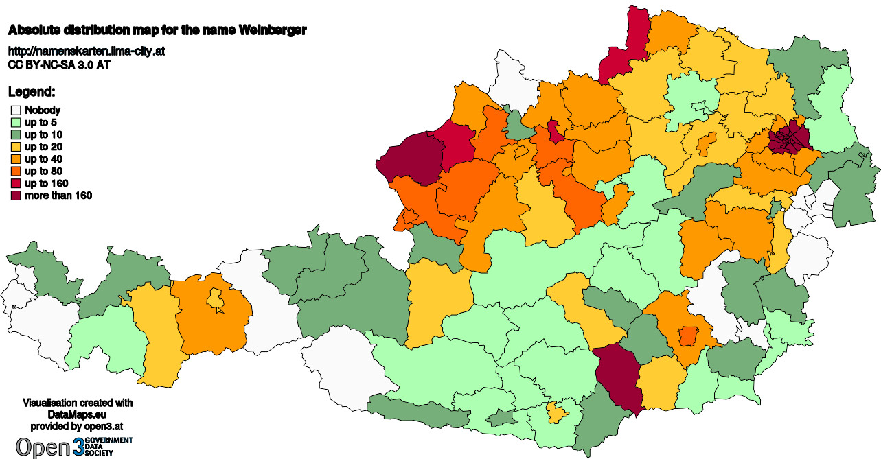 Absolute Distribution maps for surname Weinberger