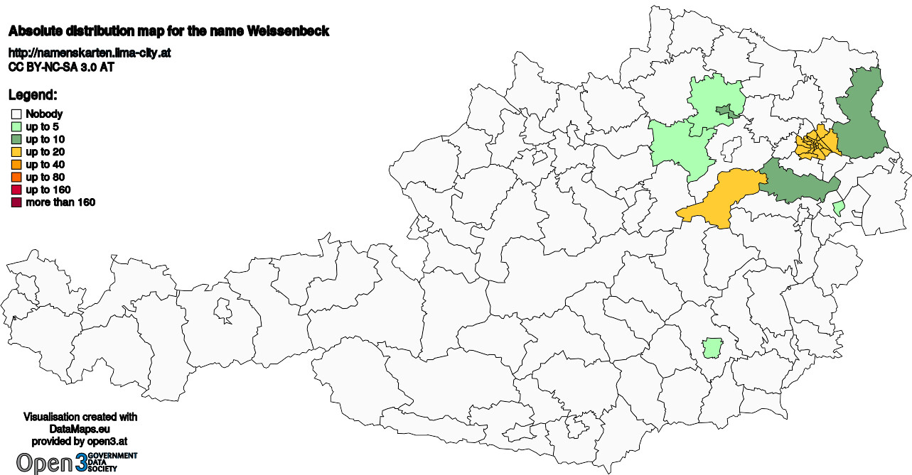 Absolute Distribution maps for surname Weissenbeck