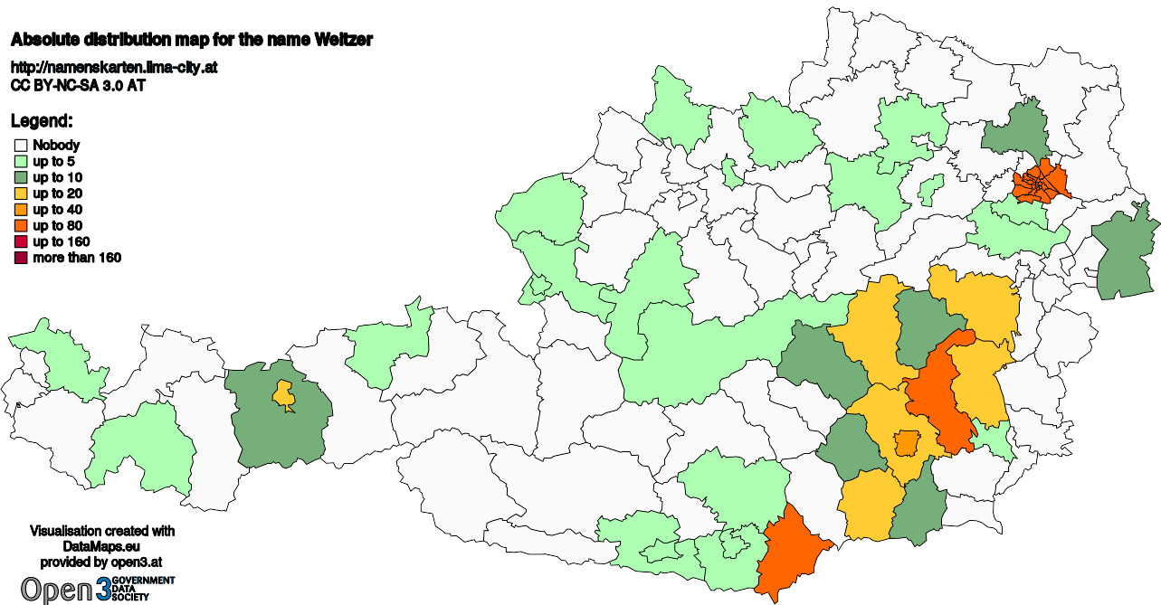 Absolute Distribution maps for surname Weitzer