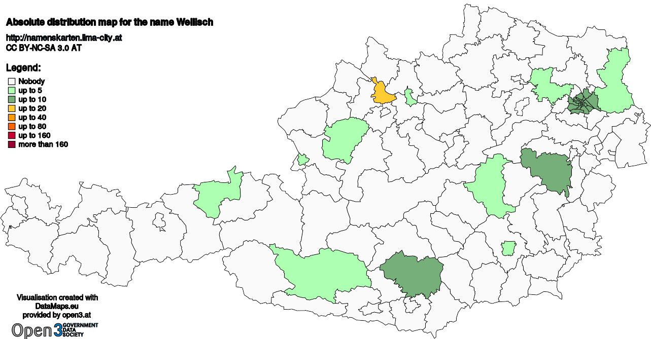 Absolute Distribution maps for surname Wellisch