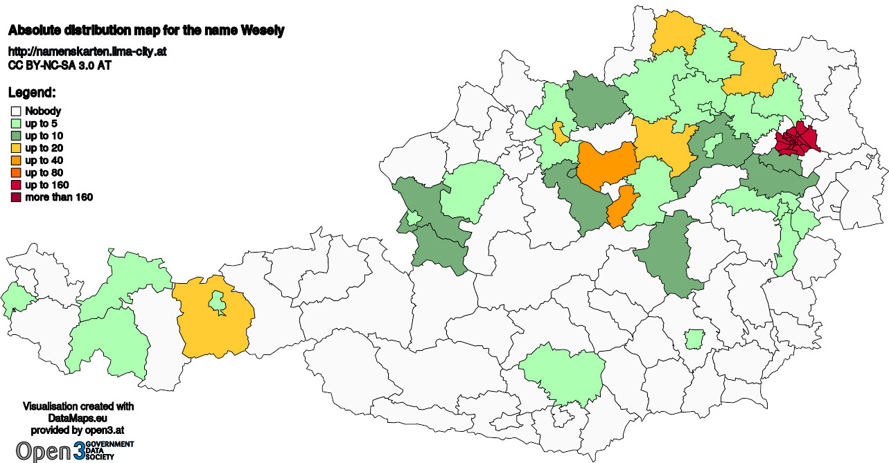 Absolute Distribution maps for surname Wesely