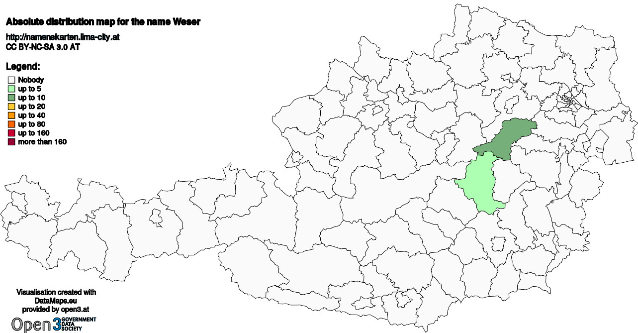 Absolute Distribution maps for surname Weser