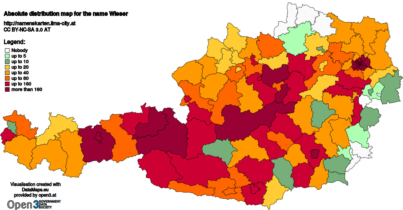 Absolute Distribution maps for surname Wieser