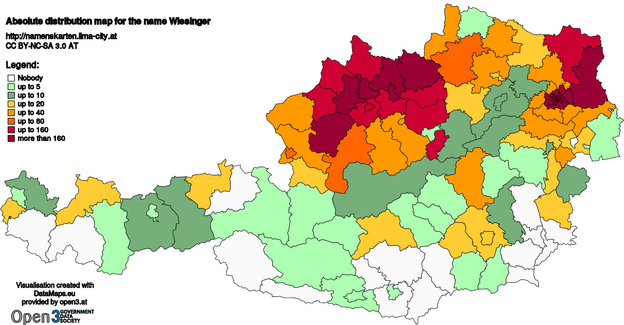 Absolute Distribution maps for surname Wiesinger