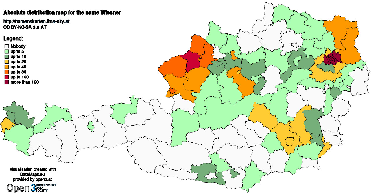 Absolute Distribution maps for surname Wiesner