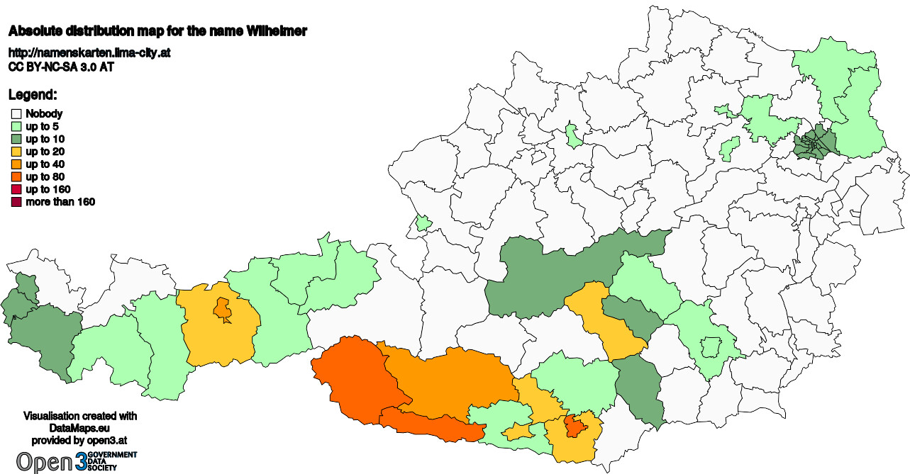 Absolute Distribution maps for surname Wilhelmer
