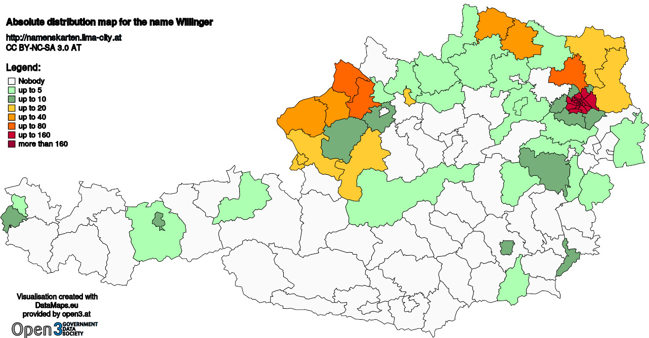 Absolute Distribution maps for surname Willinger