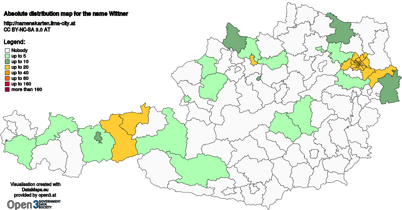 Absolute Distribution maps for surname Wittner