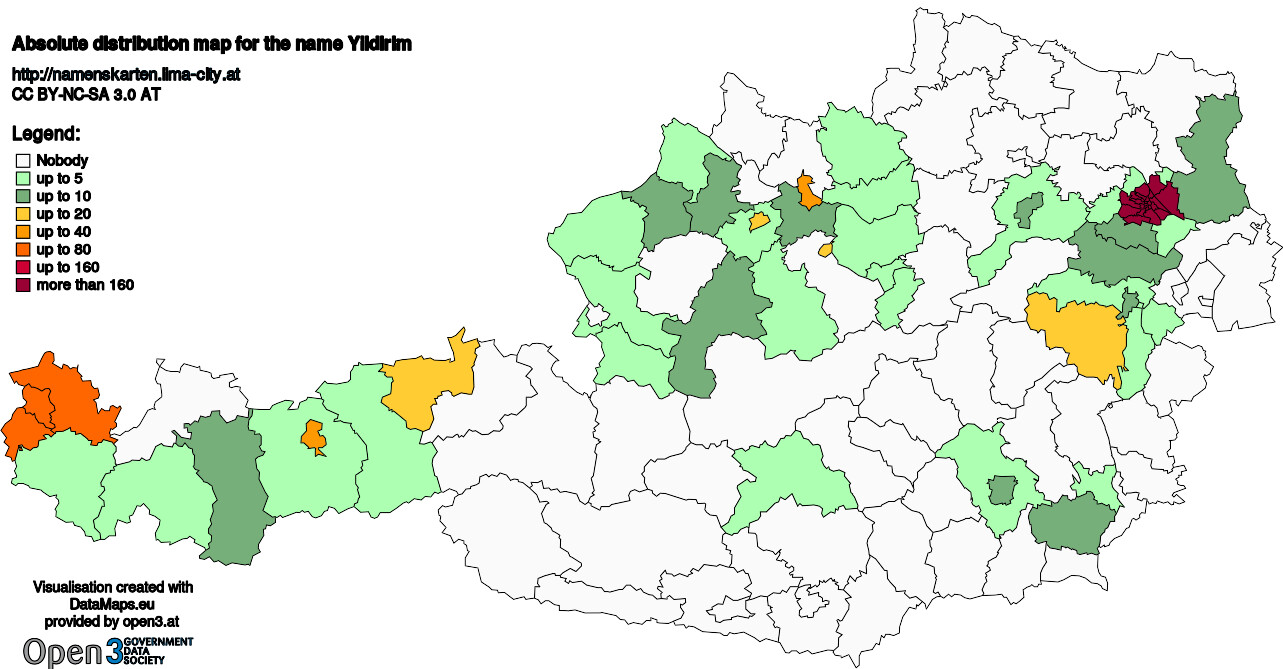 Absolute Distribution maps for surname Yildirim