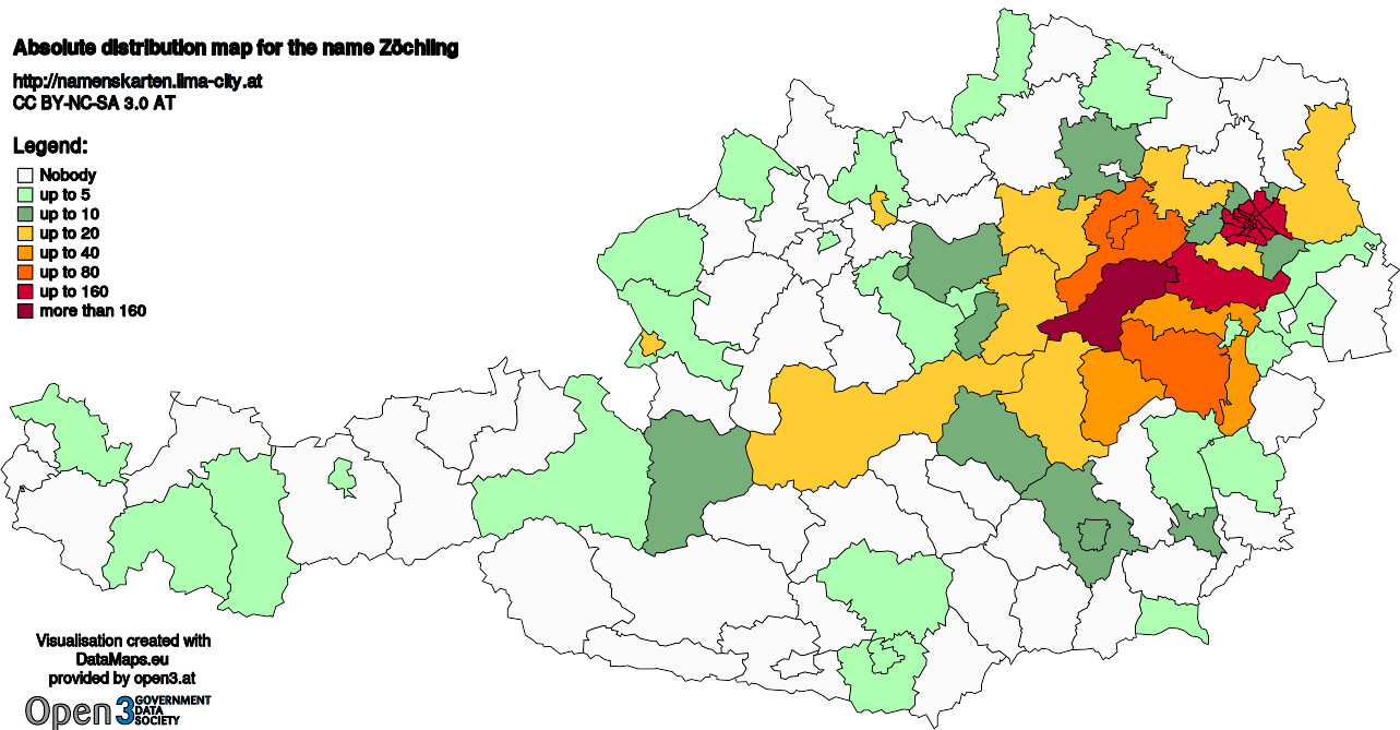 Absolute Distribution maps for surname Zöchling